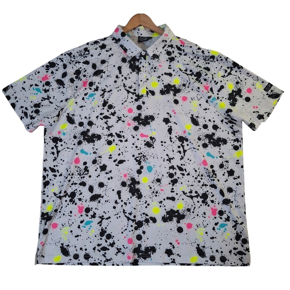 Sunday Swagger Men's 3XL Golf Polo Shirt Neon Paint Splatter White Performance